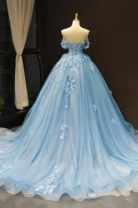 Luxury Ball Gown Off The Shoulder Sleeveless Appliques Chapel Train Prom Dress