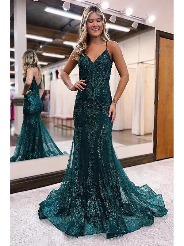 Luxury Mermaid/Trumpet Spaghetti Straps Sleeveless Sequins Sweep/Brush Train Prom Dress