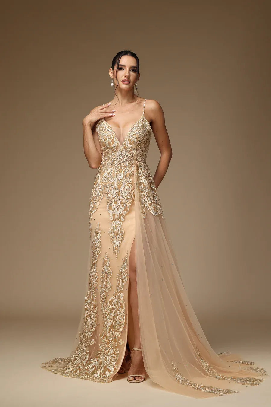 Luxury Sheath/Column V Neck Sleeveless Lace Sweep/Brush Train Prom Dress