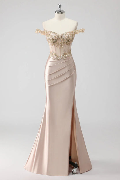Mermaid Off-Shoulder Corset Sequins Appliqued Satin Champagne Maxi Prom Dress With Slit