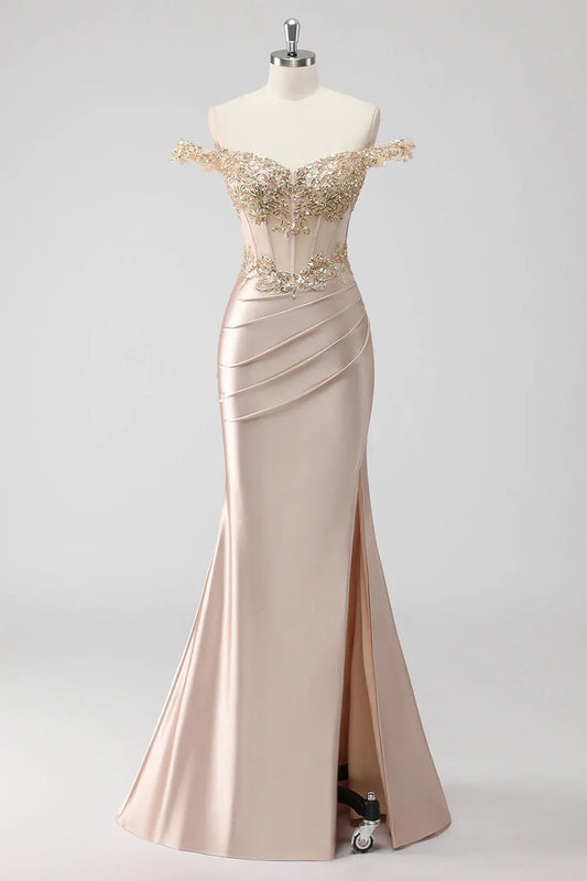 Mermaid Off-Shoulder Corset Sequins Appliqued Satin Champagne Maxi Prom Dress With Slit