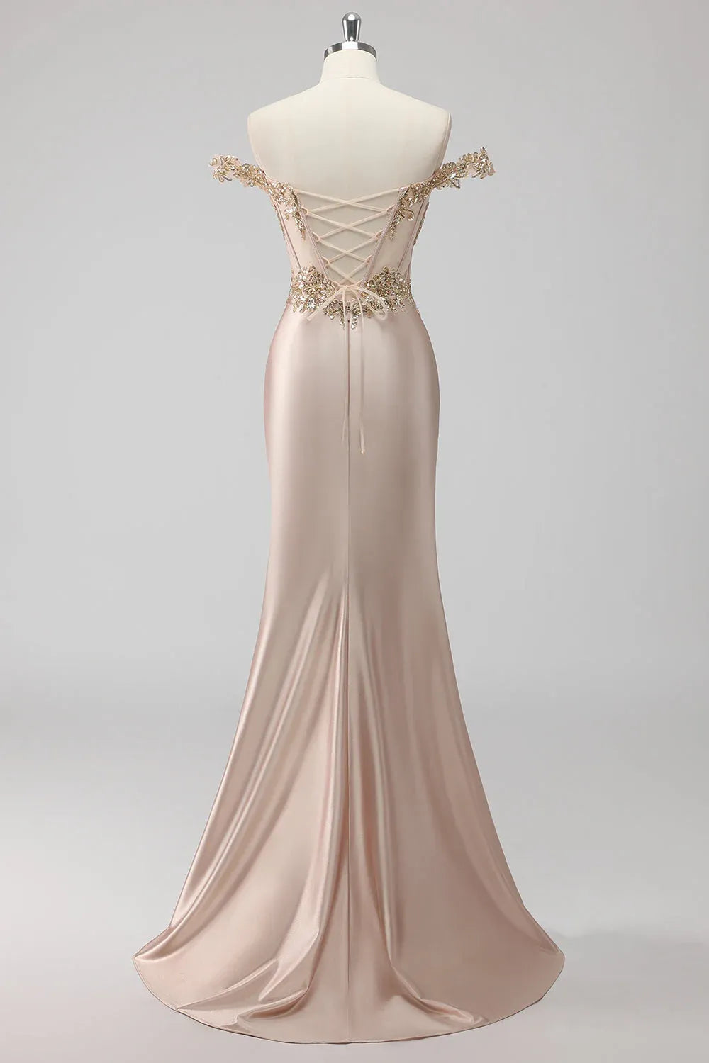 Mermaid Off-Shoulder Corset Sequins Appliqued Satin Champagne Maxi Prom Dress With Slit