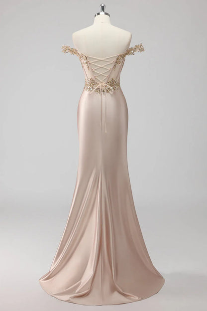 Mermaid Off-Shoulder Corset Sequins Appliqued Satin Champagne Maxi Prom Dress With Slit