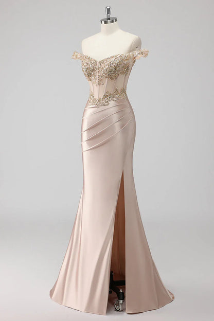 Mermaid Off-Shoulder Corset Sequins Appliqued Satin Champagne Maxi Prom Dress With Slit