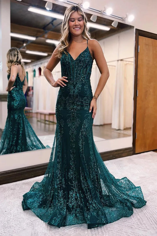 Xuewuba Formal Wear Dresses Spaghetti Straps Sparkly Dark Green Mermaid Sequin Long Prom Dress Prom Dresses Stores