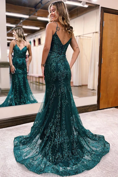 Xuewuba Formal Wear Dresses Spaghetti Straps Sparkly Dark Green Mermaid Sequin Long Prom Dress Prom Dresses Stores
