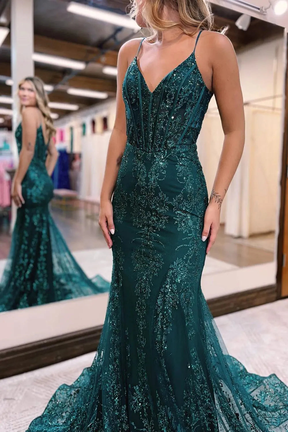 Xuewuba Formal Wear Dresses Spaghetti Straps Sparkly Dark Green Mermaid Sequin Long Prom Dress Prom Dresses Stores