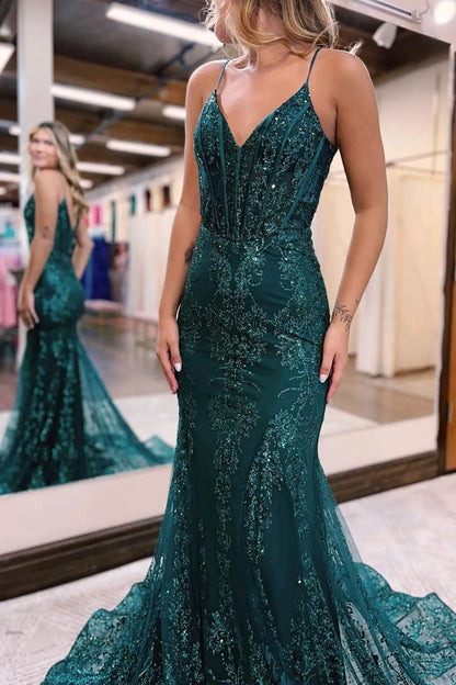 Xuewuba Formal Wear Dresses Spaghetti Straps Sparkly Dark Green Mermaid Sequin Long Prom Dress Prom Dresses Stores