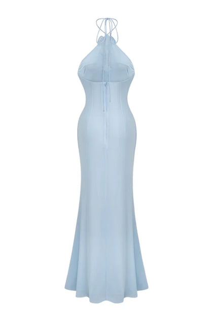 Mermaid Backless Floor Length Halter Neck Sleeveless Lace Up Prom Dress