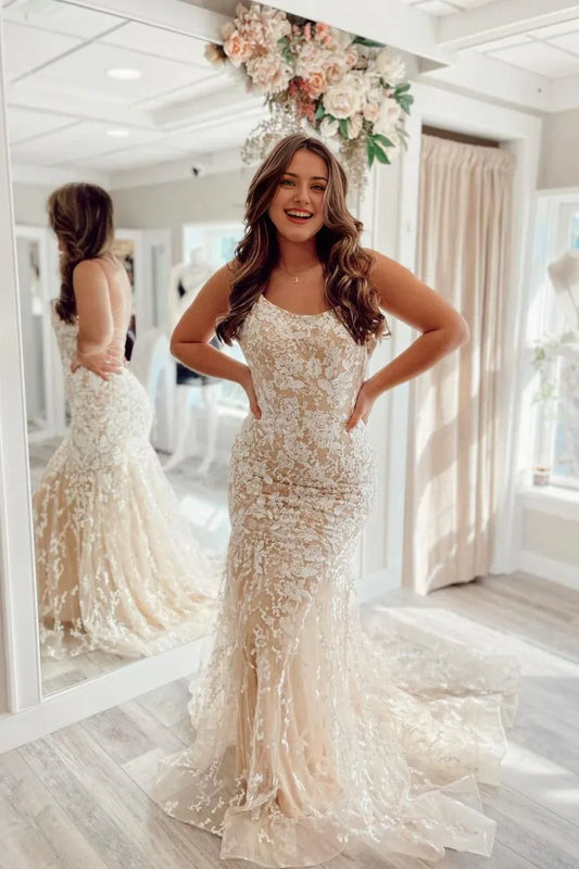 Mermaid Spaghetti Straps Tulle Long Prom Dress with Appliques