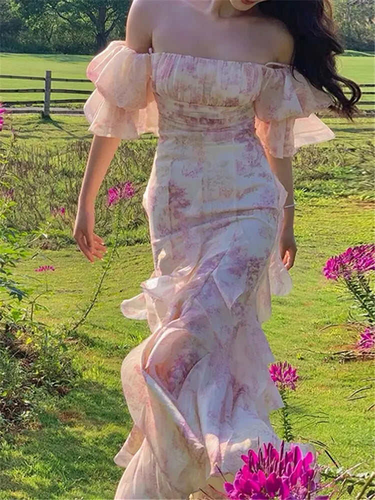 Xuewuba Stores With Prom Dresses Puff Sleeve Floral Pink Maxi Dress Formal Women's Dresses