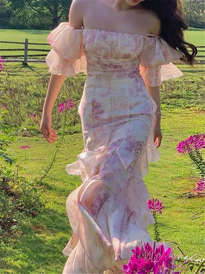 Xuewuba Stores With Prom Dresses Puff Sleeve Floral Pink Maxi Dress Formal Women's Dresses