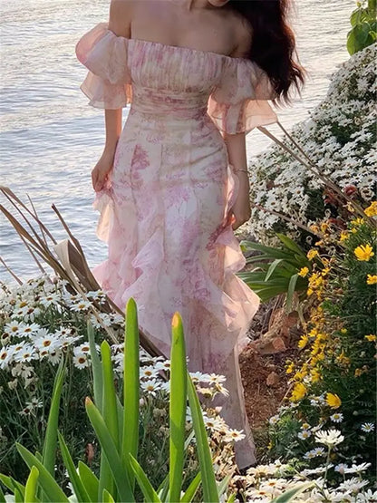 Xuewuba Stores With Prom Dresses Puff Sleeve Floral Pink Maxi Dress Formal Women's Dresses