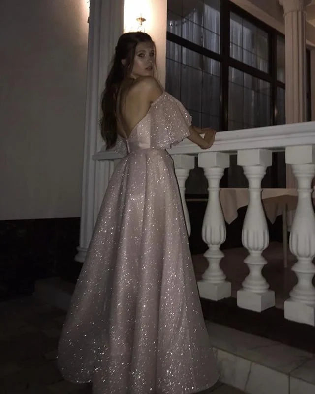 Modern A-Line Off the Shoulder Puffy Sleeves Backless Floor-Length Prom Dress