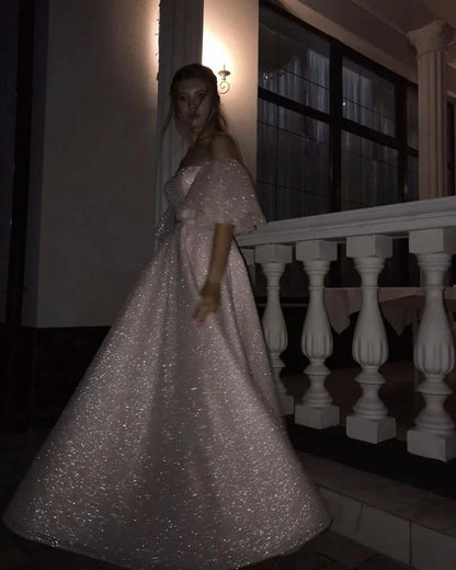 Modern A-Line Off the Shoulder Puffy Sleeves Backless Floor-Length Prom Dress