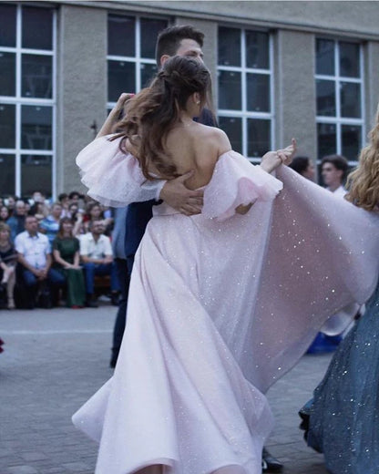 Modern A-Line Off the Shoulder Puffy Sleeves Backless Floor-Length Prom Dress