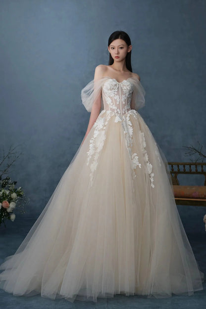 Modern A-Line Off the Shoulder Sleeveless Lace Up Sweep/Brush Train Wedding Dress