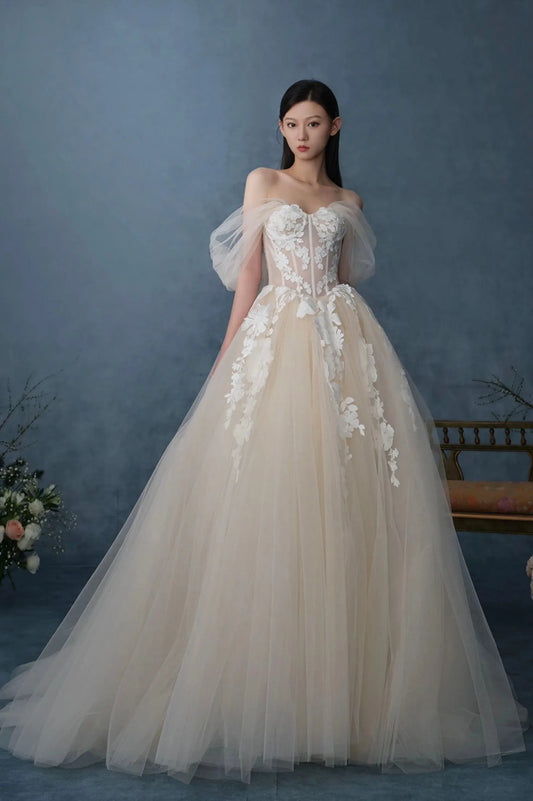 Modern A-Line Off the Shoulder Sleeveless Lace Up Sweep/Brush Train Wedding Dress