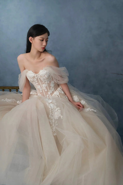 Modern A-Line Off the Shoulder Sleeveless Lace Up Sweep/Brush Train Wedding Dress