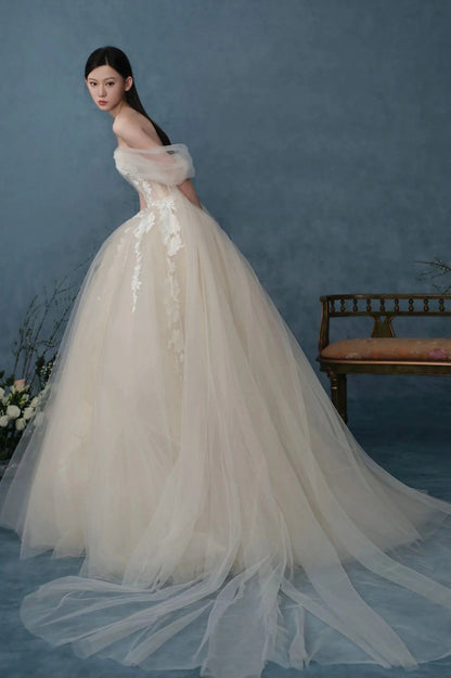 Modern A-Line Off the Shoulder Sleeveless Lace Up Sweep/Brush Train Wedding Dress
