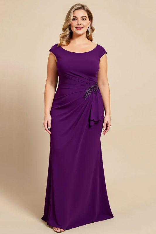 Modern Mermaid Scoop Neck Cap Sleeve Zipper Up Sweep/Brush Train Plus Size Mother of the Bride Dress