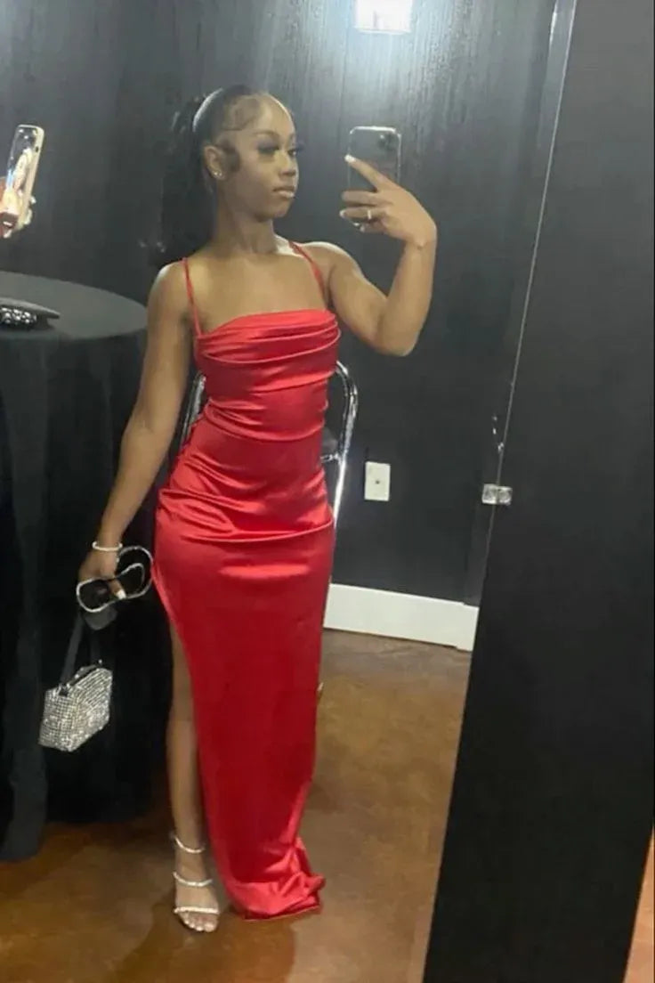 Modest Mermaid/Trumpet Spaghetti Strap Sleeveless Satin Floor-Length Prom Dress