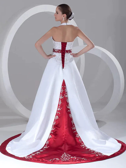 A-Line Wedding Dresses Halter Neck Chapel Train Satin Regular Straps with Sashes Ribbons Beading Embroidery