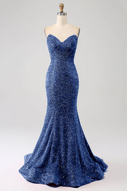 Sequins Mermaid Strapless Long Prom Dress