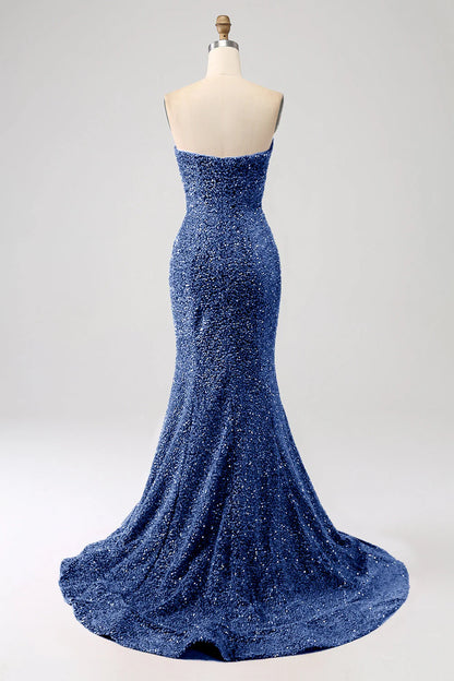Sequins Mermaid Strapless Long Prom Dress