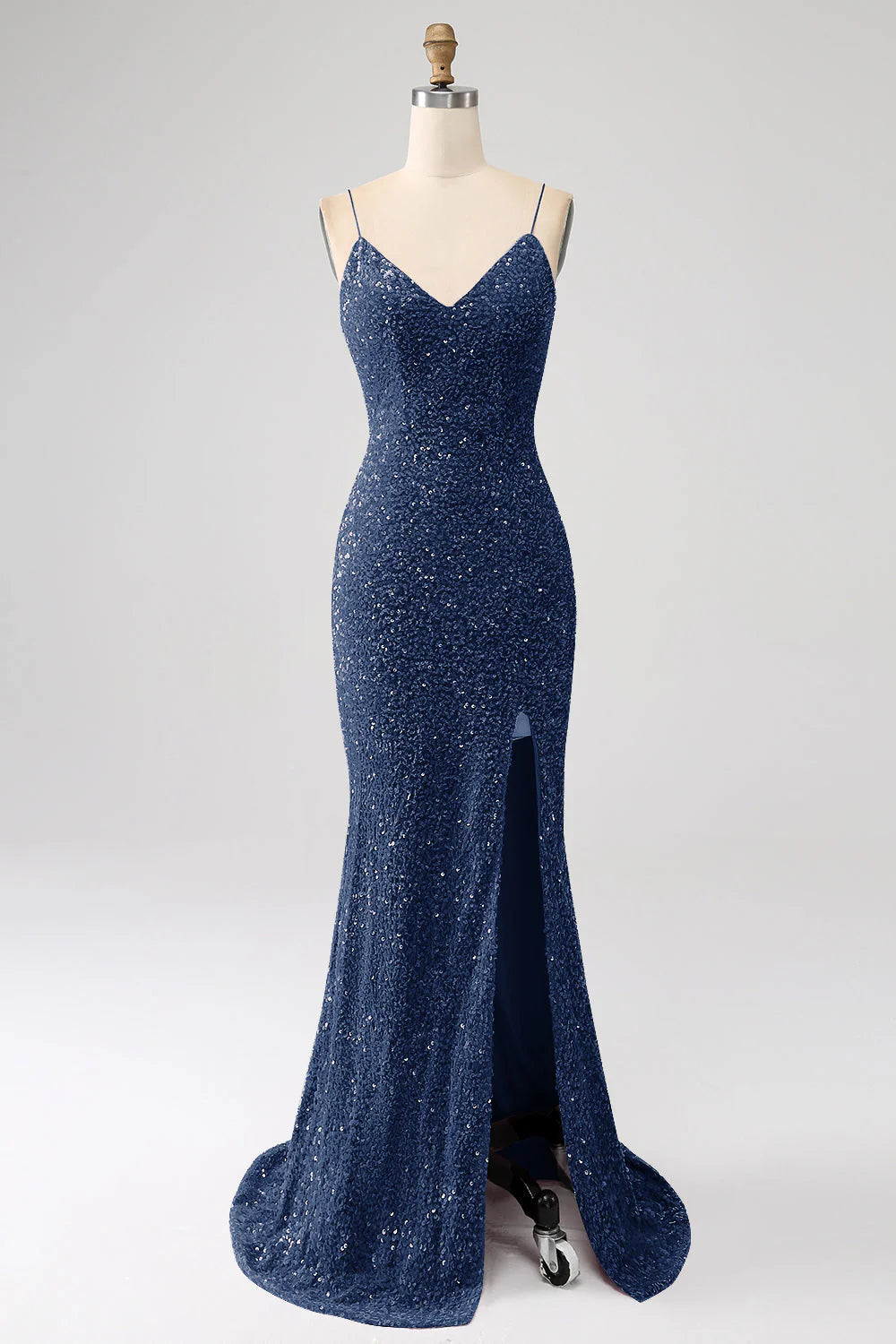 Sequins Mermaid Spaghetti Straps V-Neck Long Prom Dress