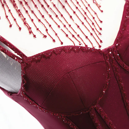 Wine Red Beaded Straps Party Dress Prom Dress