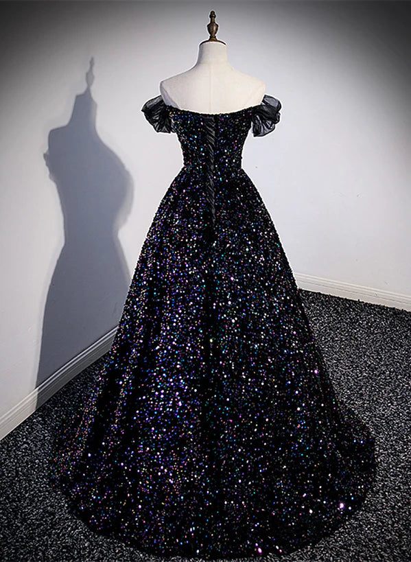 Black Sequins Off Shoulder Beaded Party Prom Dress