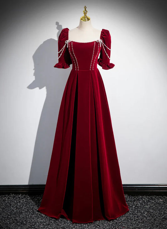 Wine Red Velvet Short Sleeves Long Prom Dress