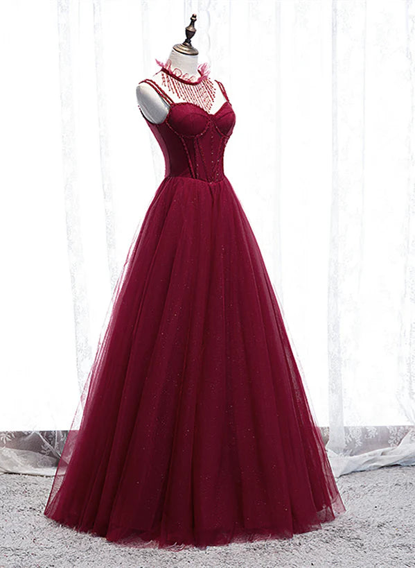 Wine Red Beaded Straps Party Dress Prom Dress
