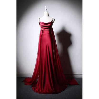 Wine Red Soft Satin Long Straps Long A-line Prom Dress