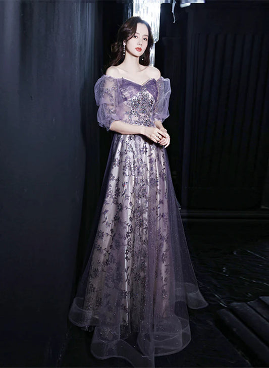 Purple Short Sleeves Tulle Sweetheart Party Prom Dress