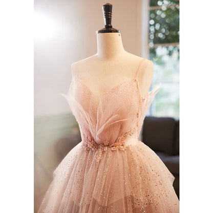 Pink Beaded V-neckline Tulle Party Dress Prom Dress