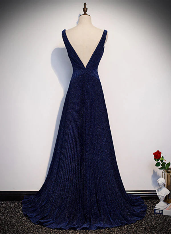 A-line Navy Blue V-neckline Long Party Prom Dress