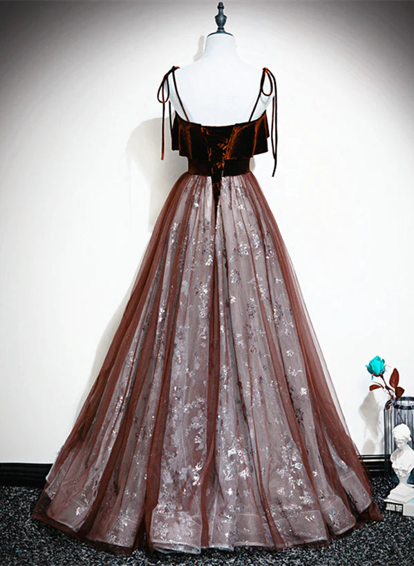 Wine Red Velvet and Tulle Straps Party A-line Tulle Formal Dress