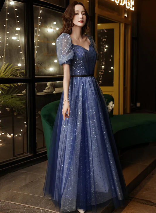 A-line Navy Blue Tulle Short Sleeves Long Party Prom Dress