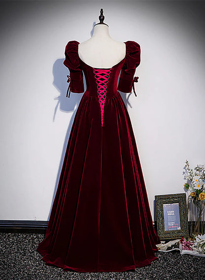 Wine Red Short Sleeves A-line Long Party Prom Dress