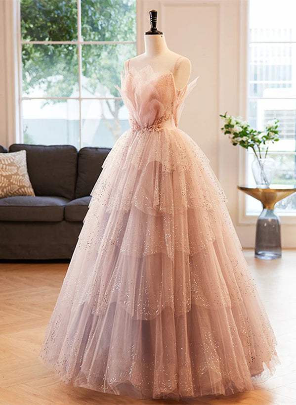 Pink Beaded V-neckline Tulle Party Dress Prom Dress