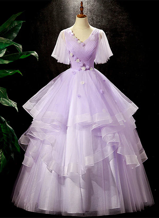 Lavender Tulle V-neckline Sweet 16 Dress with Flowers