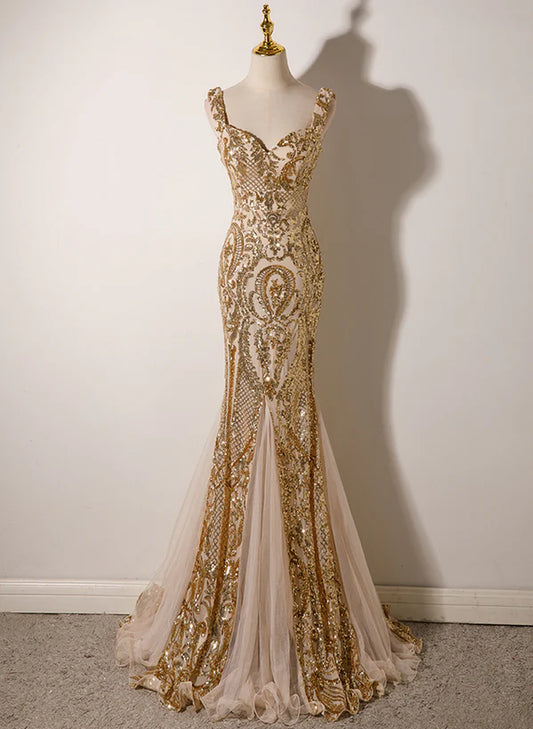 Champagne Mermaid Straps Long Evening Prom Dress