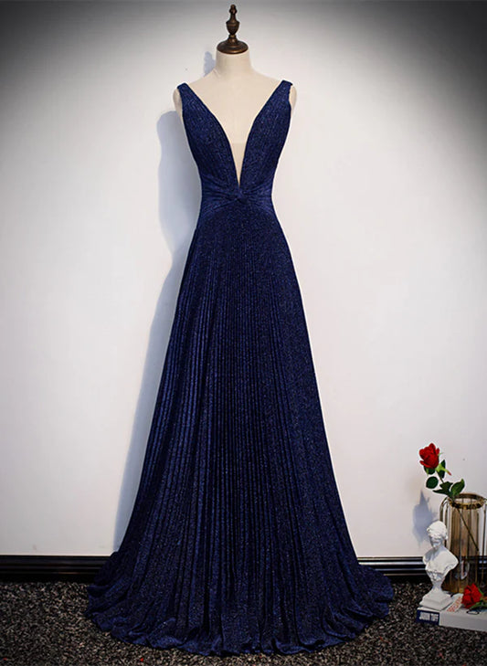 A-line Navy Blue V-neckline Long Party Prom Dress