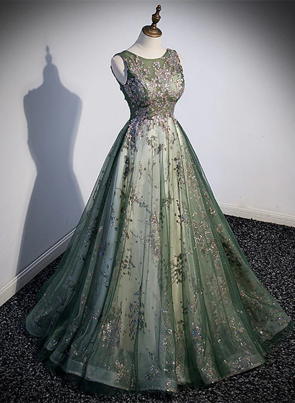 Green Tulle Round Neckline Long Party Lace Prom Dress