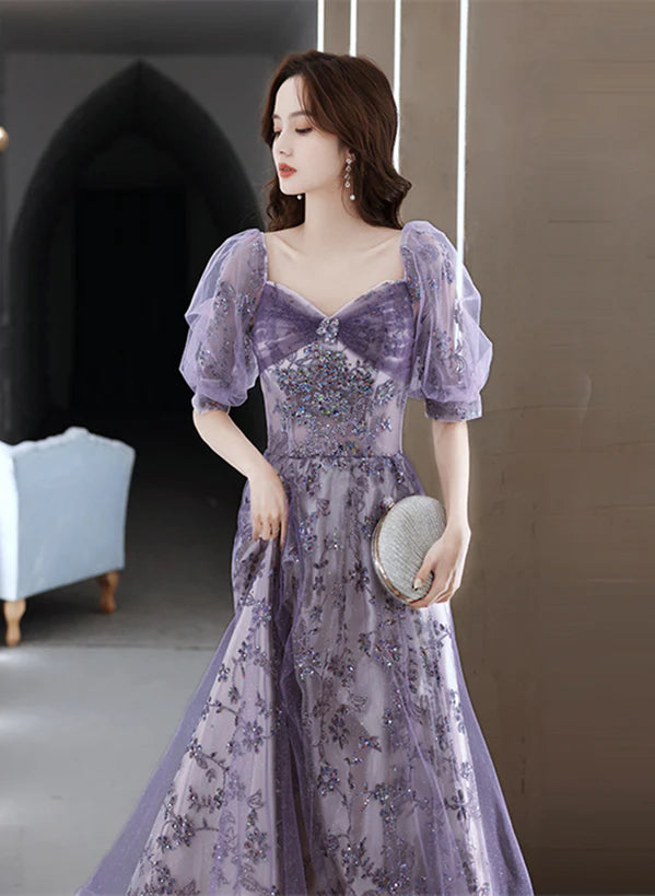 Purple Short Sleeves Tulle Sweetheart Party Prom Dress