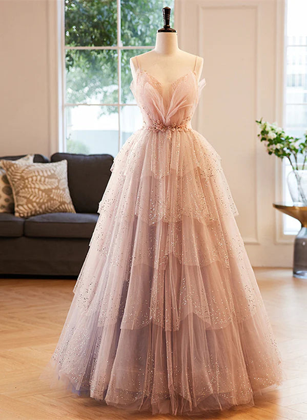 Pink Beaded V-neckline Tulle Party Dress Prom Dress