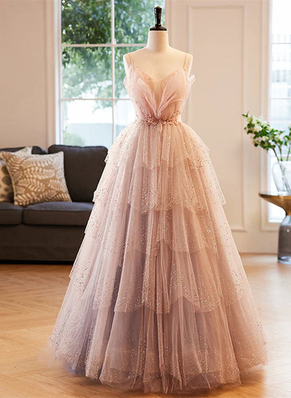 Pink Beaded V-neckline Tulle Party Dress Prom Dress