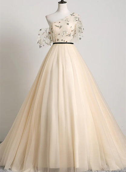 A-line Champagne One Shoulder Prom Dress
